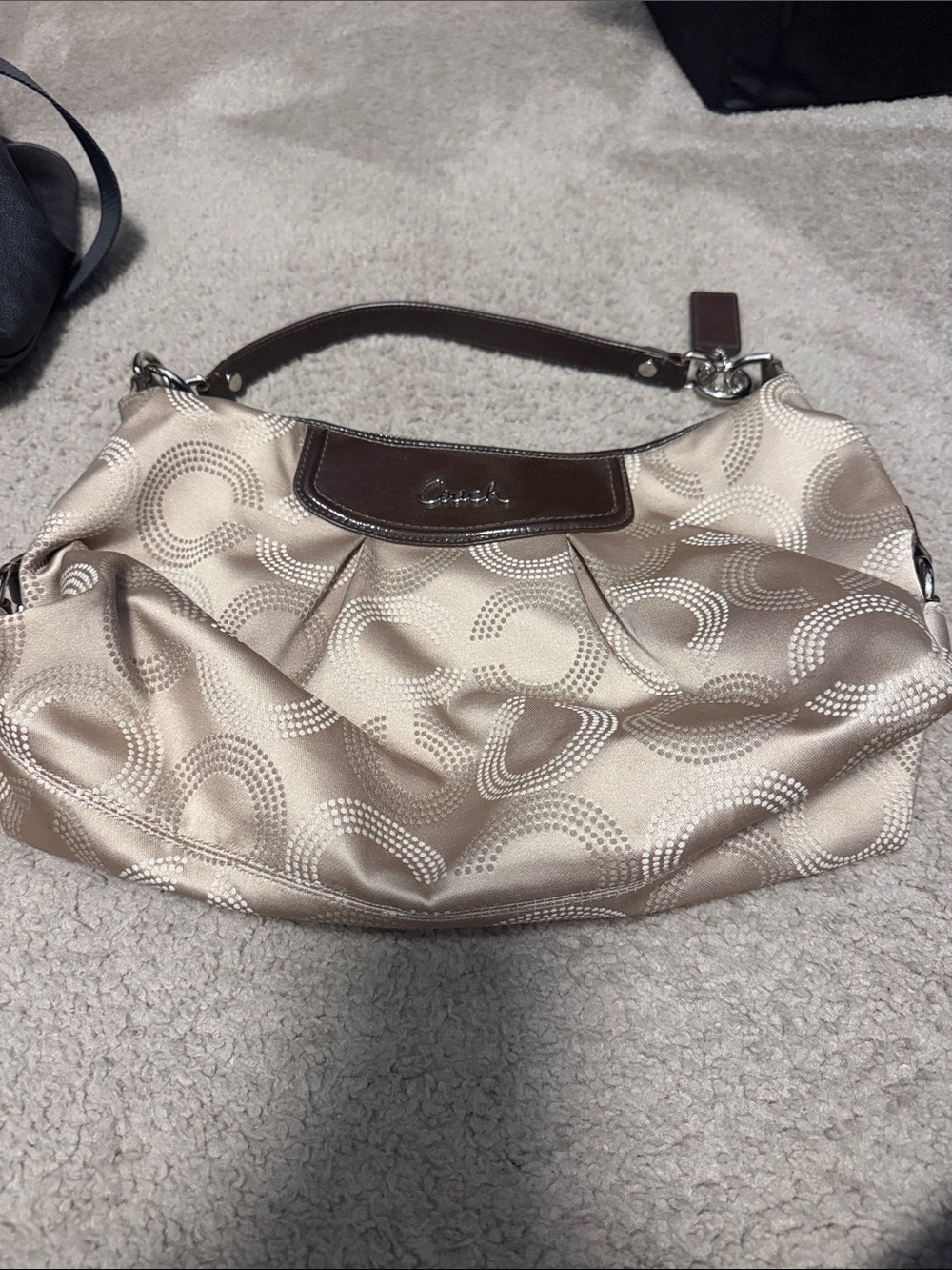 Coach Satin Signature Hobo in Champagne Taupe with Brown Trim